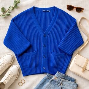 Cobalt Blue Ribbed Grandpa Core Cardigan | Coastal Prep L